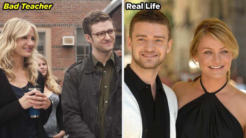 Cameron Diaz and Justin Timberlake as teachers in Bad Teacher and as a real-life couple at an event