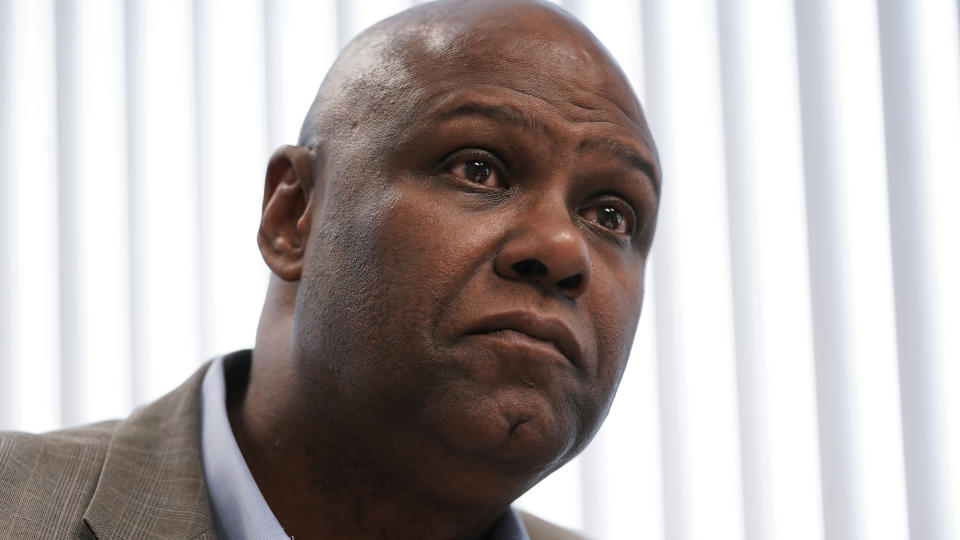 United Auto Workers president Ray Curry talks in his office in Southfield, Mich., Thursday, July 21, 2022. (AP Photo/Paul Sancya)