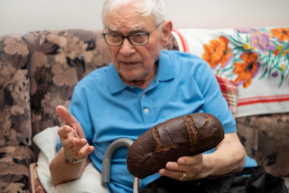 Ernie Gross, of Philadelphia, recalls his story of survival, Friday, July 31, 2020, as he describes living on small rations of bread and potatoes during his captivity at Auschwitz-Birkenau and Dachau.