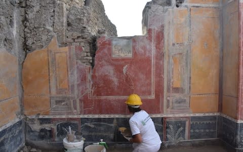 An archeologist works on restoring frescoes on a villa wall - Credit: Pompeii