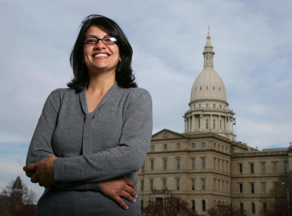 Democrat Rashida Tlaib outside the Michigan Capitol in Lansing (AP)