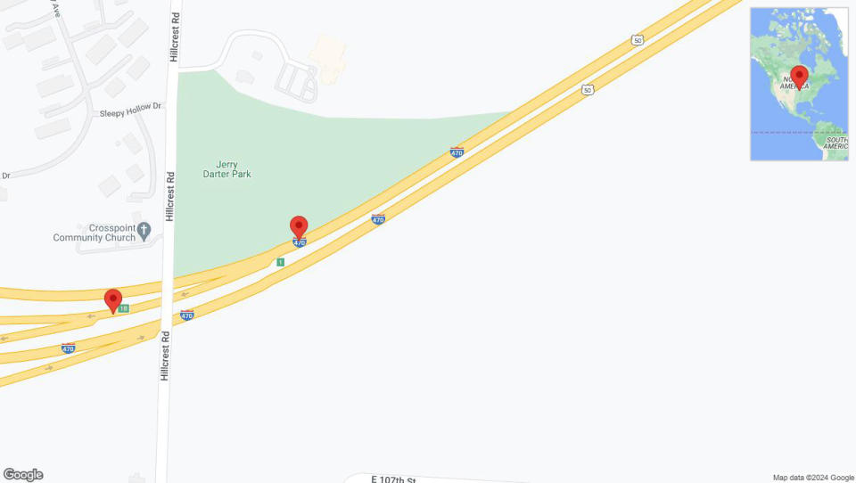 A detailed map showing the affected road due to 'Kansas City: Hillcrest Road Closed' on May 27 at 9:14 PM