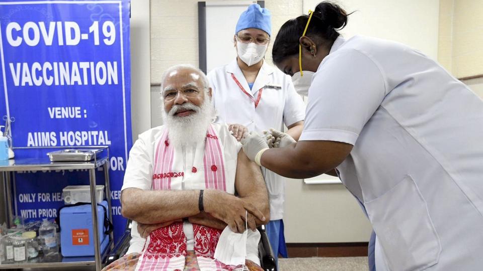 Prime Minister Narendra Modi is administered a COVID-19 vaccine in New Delhi, Monday, 1 March, 2021.