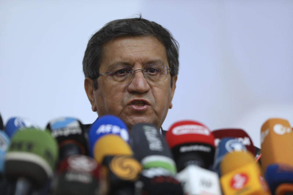 Former Iranian Central Bank chief Abdolnasser Hemmati, one of the seven candidates allowed on the ballot for Friday’s presidential election, gives a press conference, in Tehran, Iran, Tuesday, June 15, 2021. Hemmati appealed Tuesday for better economic and political relations with the West, his most extensive attempt yet to attract reformist voters just days ahead of the poll. (AP Photo/Vahid Salemi)