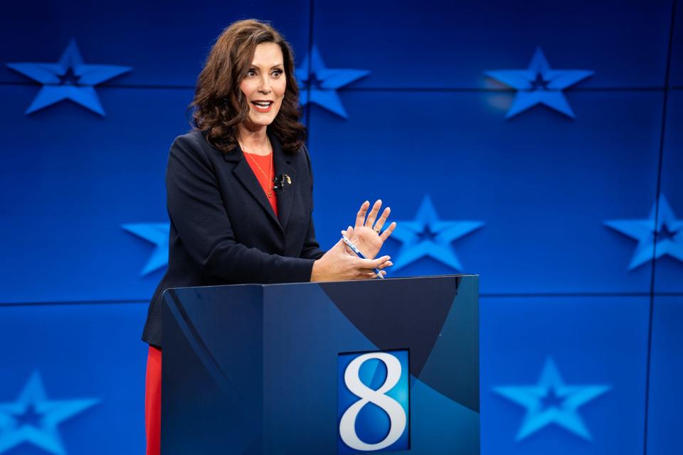 Michigan candidates for Governor on October 13, 2022. Incumbent Gretchen Whitmer answers questions during the debate.