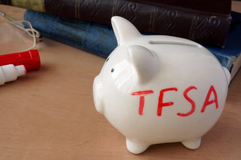 Piggy bank with word TFSA for tax-free savings accounts.