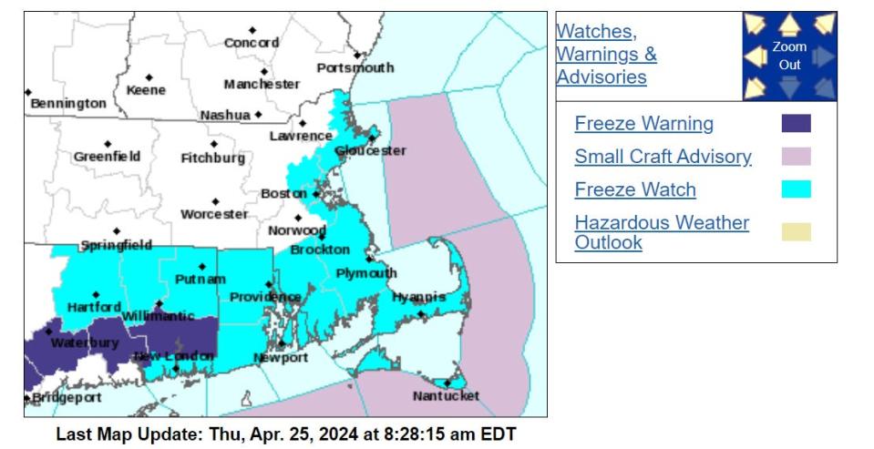 A freeze watch is in effect for Thursday night for parts of southern New England, including the Cape and Islands.