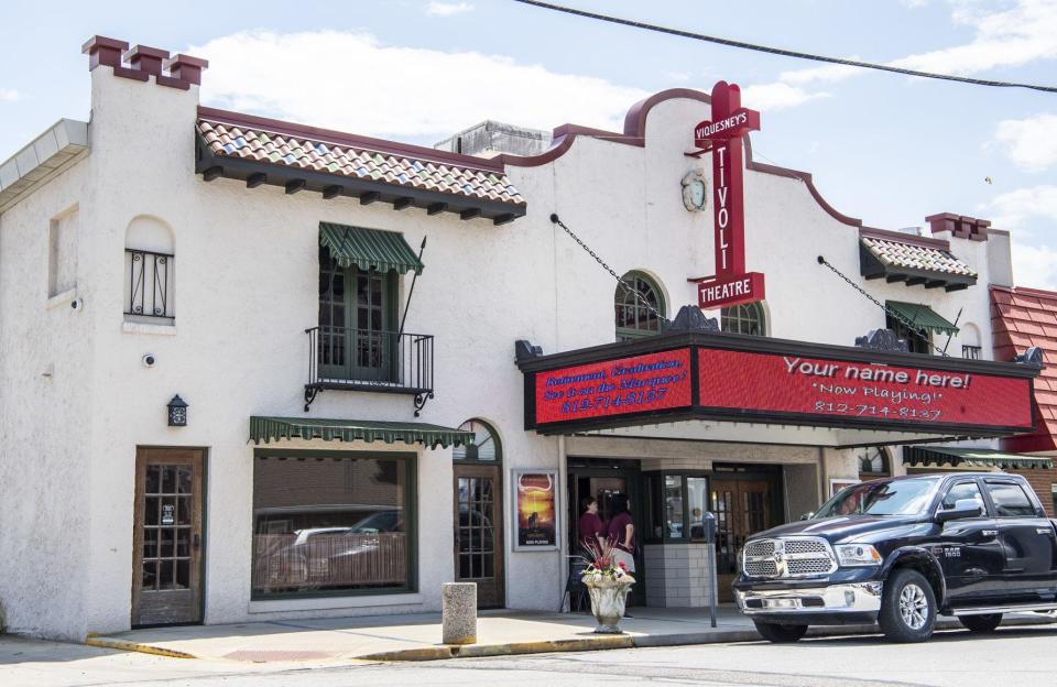 The outside of the 1928 Mission Revival style Tivoli Theatre is seen in Spencer.