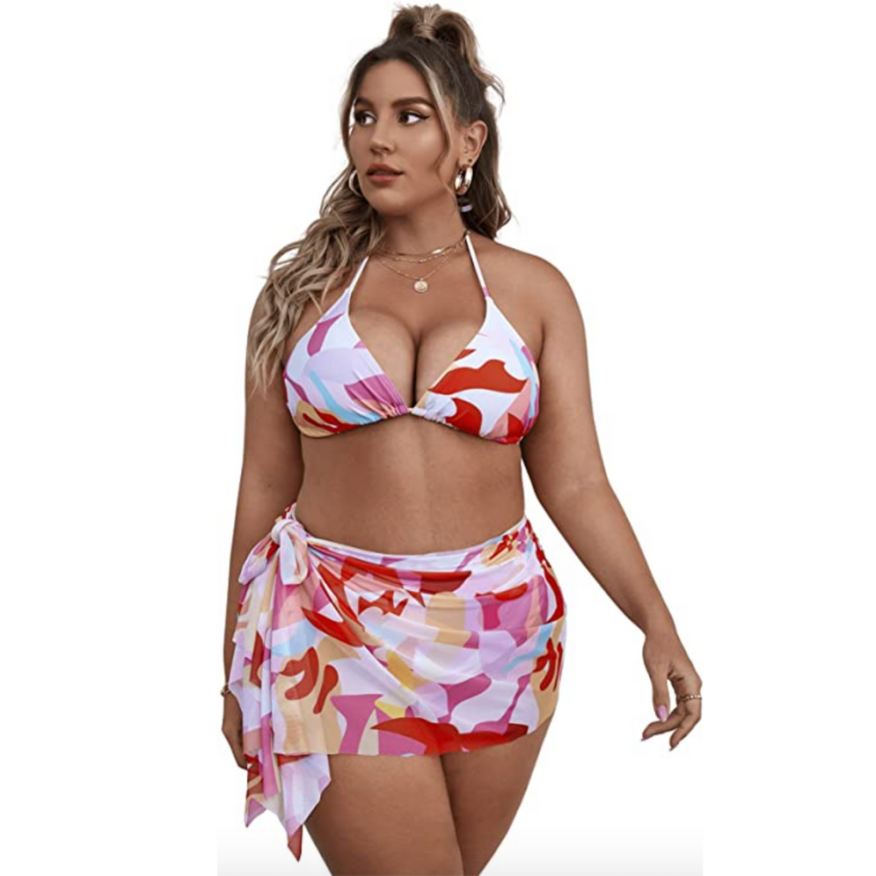 27) Wrap Triangle Bikini Bathing Suits with Mesh Beach Skirt