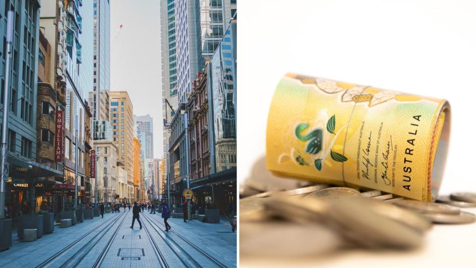 Pictured: Australian CBD, Australian cash. Images: Getty