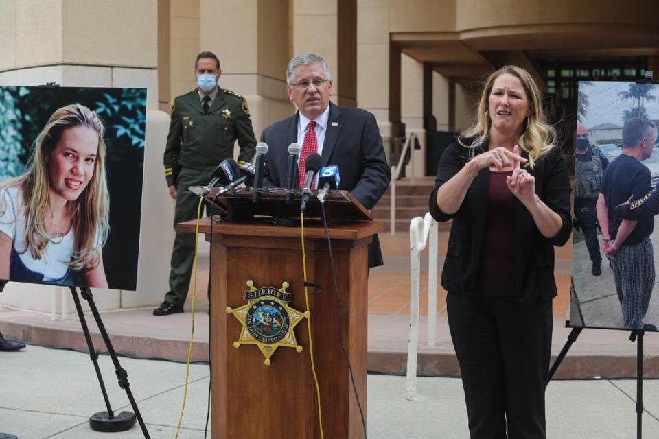 Cal Poly President Jeffrey Armstrong speaks at a news conference on Tuesday, April 13, 2021, announcing the arrests of Paul Flores and Ruben Flores in the disappearance of Cal Poly student Kristin Smart in 1996.
