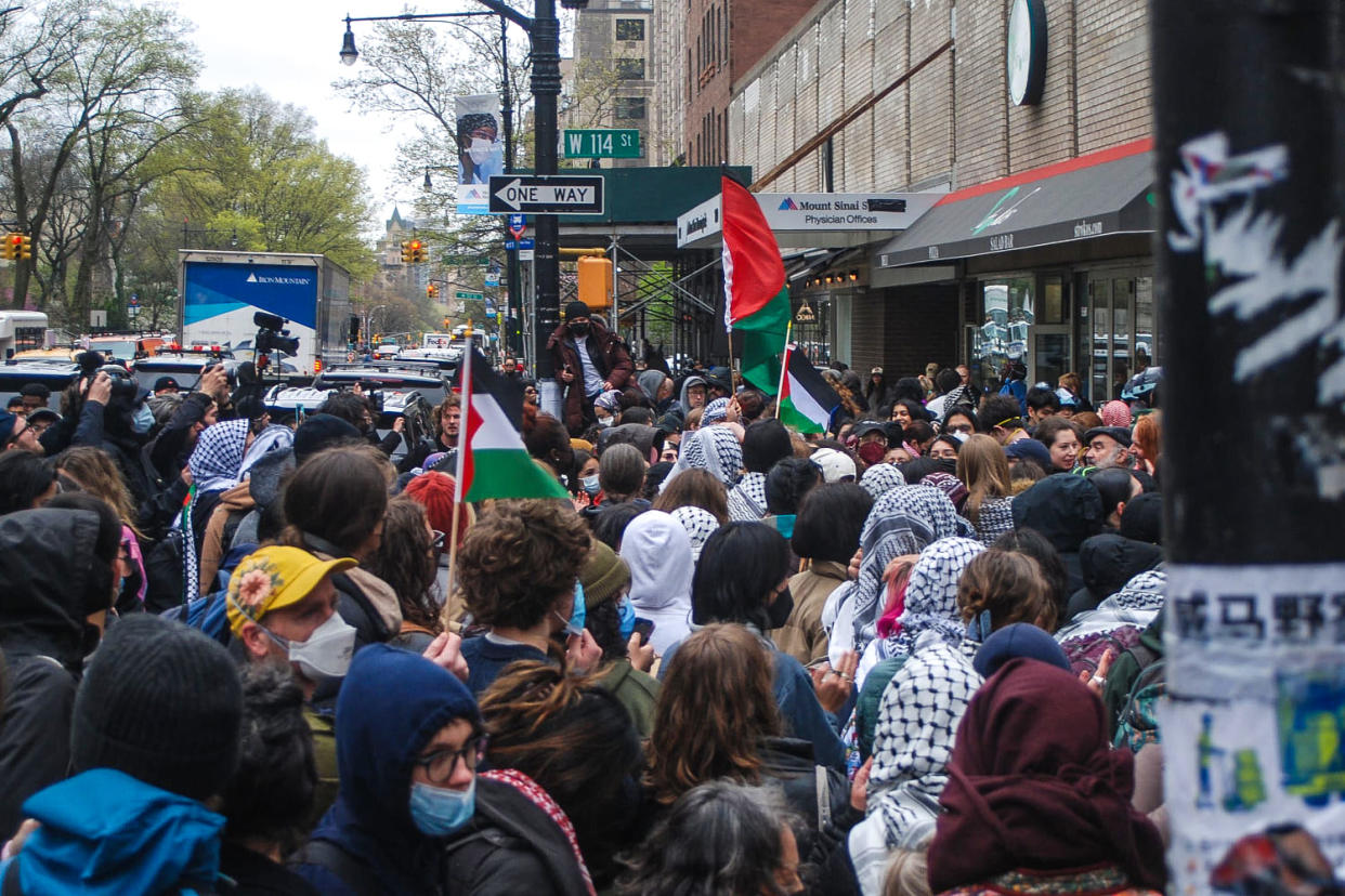 A Pro-Israel protest and a Pro-Palestinian counter protest took place at Columbia University on April 18, 2024. (Isabella Farfan / NBC News)