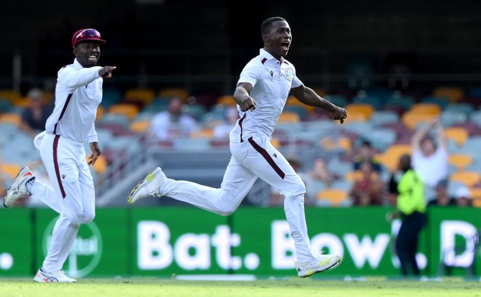 Joseph celebrates after taking the final match-winning wicket in Brisbane (Getty Images)