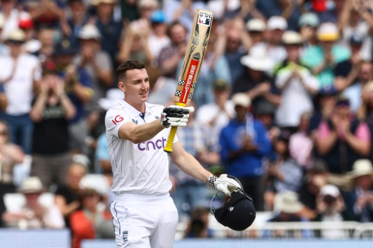 Ton of joy: England's Harry Brook celebrates his century in the second Test against the West Indies at Trent Bridge (Darren Staples)