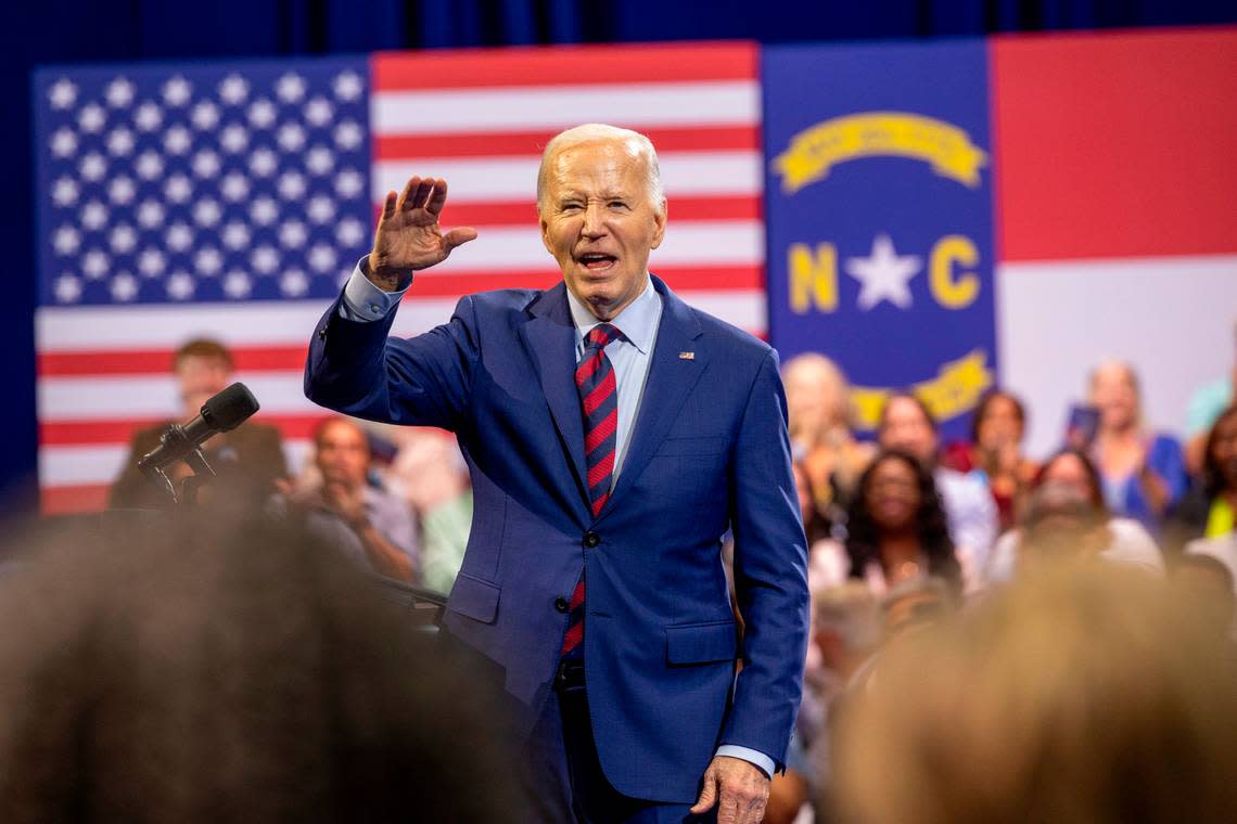 President Joe Biden acknowledges the crowd after touting a $3 billion federal program to help water utilities nationwide find and replace lead service lines during remarks at the Wilmington Convention Center on Thursday, May 2, 2024. Travis Long/tlong@newsobserver.com