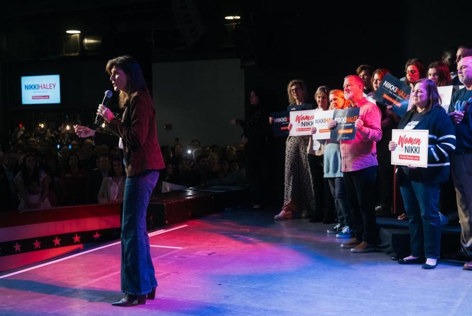 DALLAS, TX - FEBRUARY 15, 2024: Nikki Haley, GOP presidential candidate, speaks to supporters at a rally at Gilley’s Dallas South Side Music on Thursday, February 16, 2024 in Dallas, Texas. CREDIT: Desiree Rios for The Texas Tribune