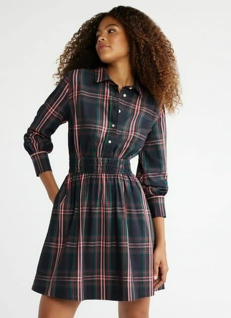 model wearing the plaid shirt dress