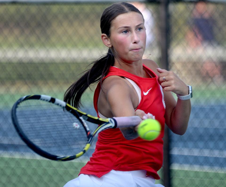 Glenwood's Ellie Surges returns a shot during a doubles match at Glenwood High school Wednesday, Sept. 11, 2024.