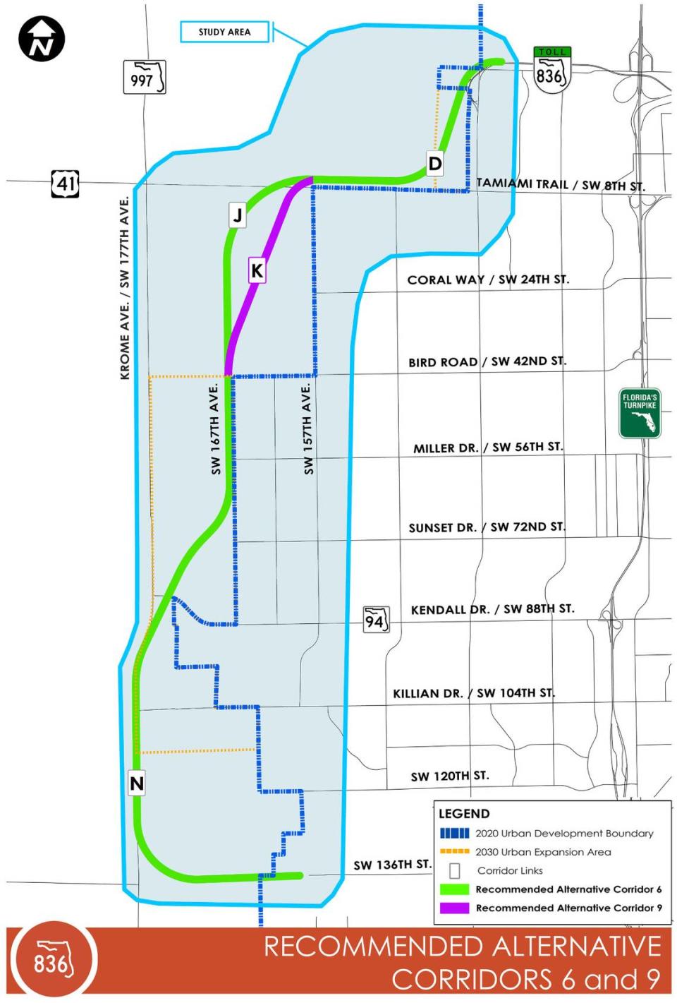 This map shows the proposed route of the extension of 836/Dolphin Highway in West Kendall.