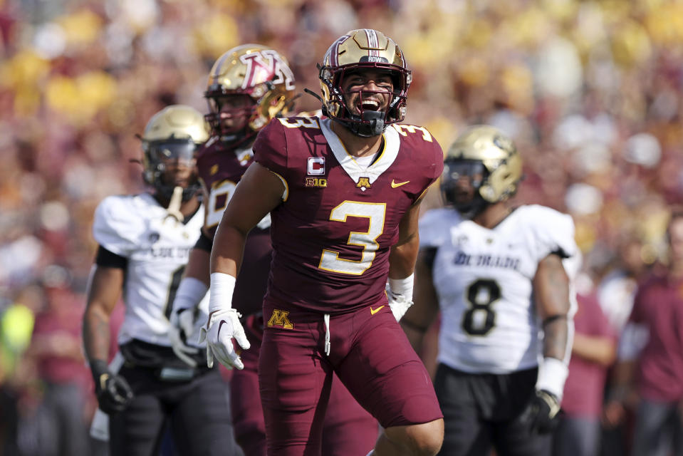 Minnesota running back Trey Potts (3) reacts after a play against Colorado during the first half of an NCAA college football game, Saturday, Sept. 17, 2022, in Minneapolis. (AP Photo/Stacy Bengs)