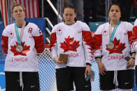 <p><strong>THE BAD</strong><br>Jocelyne Larocque:<br>Jocelyne Larocque (middle) of Canada refused to wear her silver medal after losing to the United States in the Women’s Gold Medal Game. She immediately took it off after it was presented around her neck by Olympic officials. The internet exploded. (Getty Images) </p>