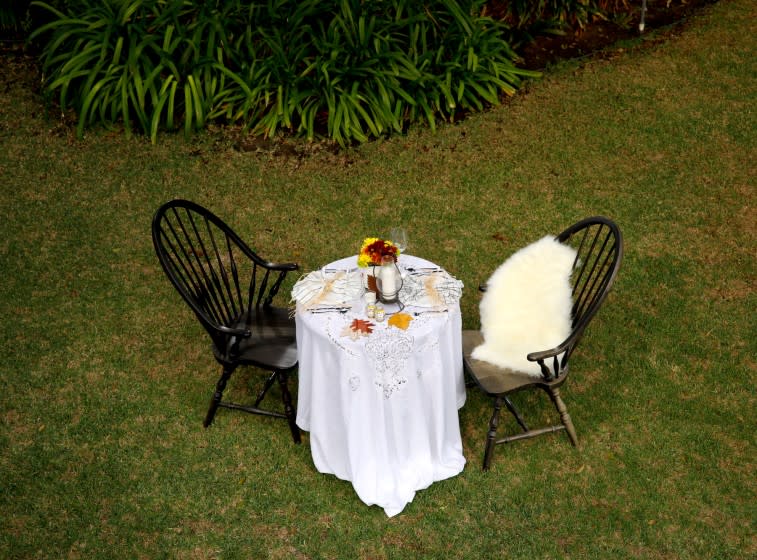 LOS ANGELES, CA - OCTOBER 21: A table setting option, during the Holidays under COVID-19, photographed in a , Los Angeles, CA, backyard, Wednesday, Oct. 21, 2020. (Jay L. Clendenin / Los Angeles Times)