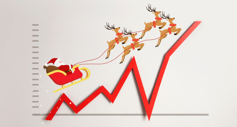 A cartoon Santa riding on his sleigh on a background of a line graph showing price increases.