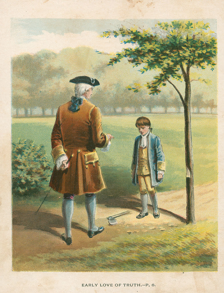 A rendering of young George Washington hacking away at his dad's cherry tree