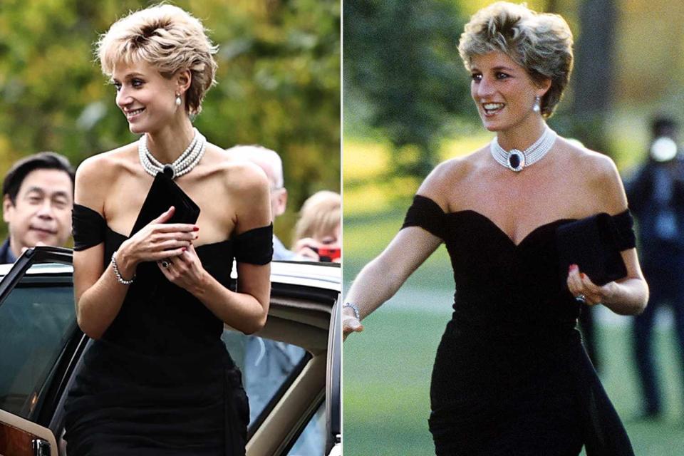 <p>SplashNews; Jayne Fincher/Getty</p> Elizabeth Debicki plays Princess Diana in season 5 of The Crown on Netflix; Princess Diana in the "revenge dress" in 1994.