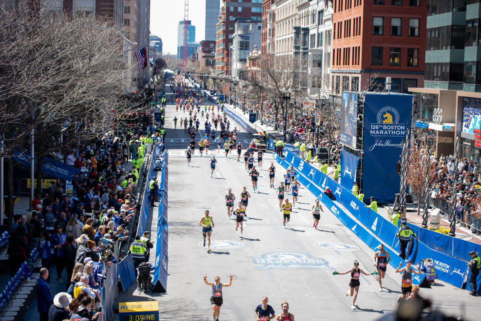 A general view of runners approaching the finish line of the Boston Marathon on April 18, 2022 on Boylston Street in Boston, MA. / Credit: Erica Denhoff/Icon Sportswire via Getty Images