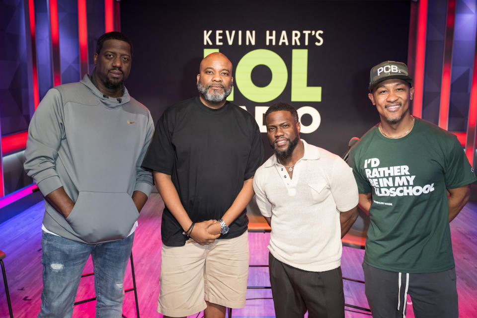 MIAMI BEACH, FLORIDA – JANUARY 05: (L-R) Will “Spank” Horton, Joey Wells, Kevin Hart and Na’im Lynn visit SiriusXM Studios on January 05, 2024 in Miami Beach, Florida. (Photo by Jason Koerner/Getty Images)