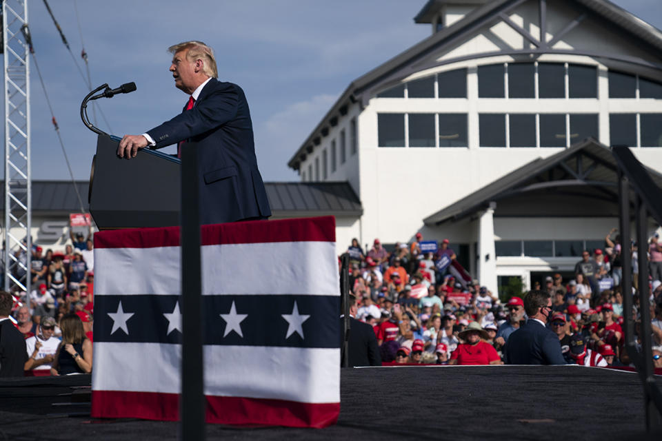 President Donald Trump speaks during a campaign rally at Ocala International Airport, Friday, Oct. 16, 2020, in Ocala, Fla. (AP Photo/Evan Vucci)