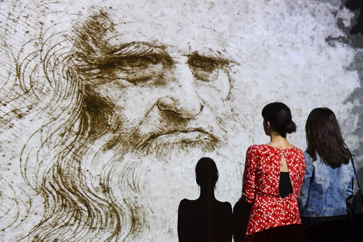 People watch a hologram called ‘Studio di uomo barbuto’ (study of bearded man) during the Leonardo da Vinci multimedia installation ‘Leonardo Da Vinci 3D’ at the Fabbrica del Vapore (Steam Factory) in Milan, on 29 May 2019 (AFP via Getty Images)