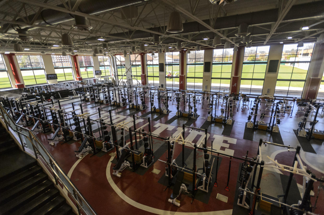 In this Feb. 27, 2013, file photo, the main room of Alabama’s strength and conditioning facility is shown at the Mal Moore Athletic Facility at the University of Alabama in Tuscaloosa, Alabama. (AP Photo)