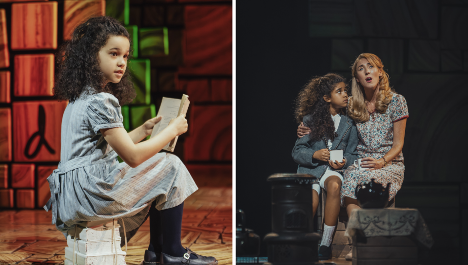 (From left) Donna Craig as one-third of Matildas in the musical; Matilda and Miss Honey seeking solace in each other. PHOTO: Hanan Assor