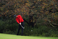 FILE - Tiger Woods hits on the second fairway during the final round of the Masters golf tournament in Augusta, Ga., in this Sunday, Nov. 15, 2020, file photo. Gone are the autumn hues of gold, orange and red in the trees, the brown leaves mixed in with the pine straw on the ground. Augusta National is blazing with pink and red and purple azaleas, accented by the white blooms of dogwood. Postponed last year because of the COVID-19 pandemic, the Masters is back to being that annual rite of spring. (AP Photo/Matt Slocum, File)