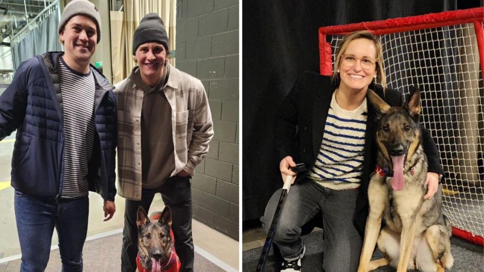 Maggie has had the opportunity to play with big names in the hockey business, including Montreal Canadiens goalies Samuel Montembeault, left, and Cayden Primeau, along with Montreal PWHL team captain Marie-Philip Poulin, right.