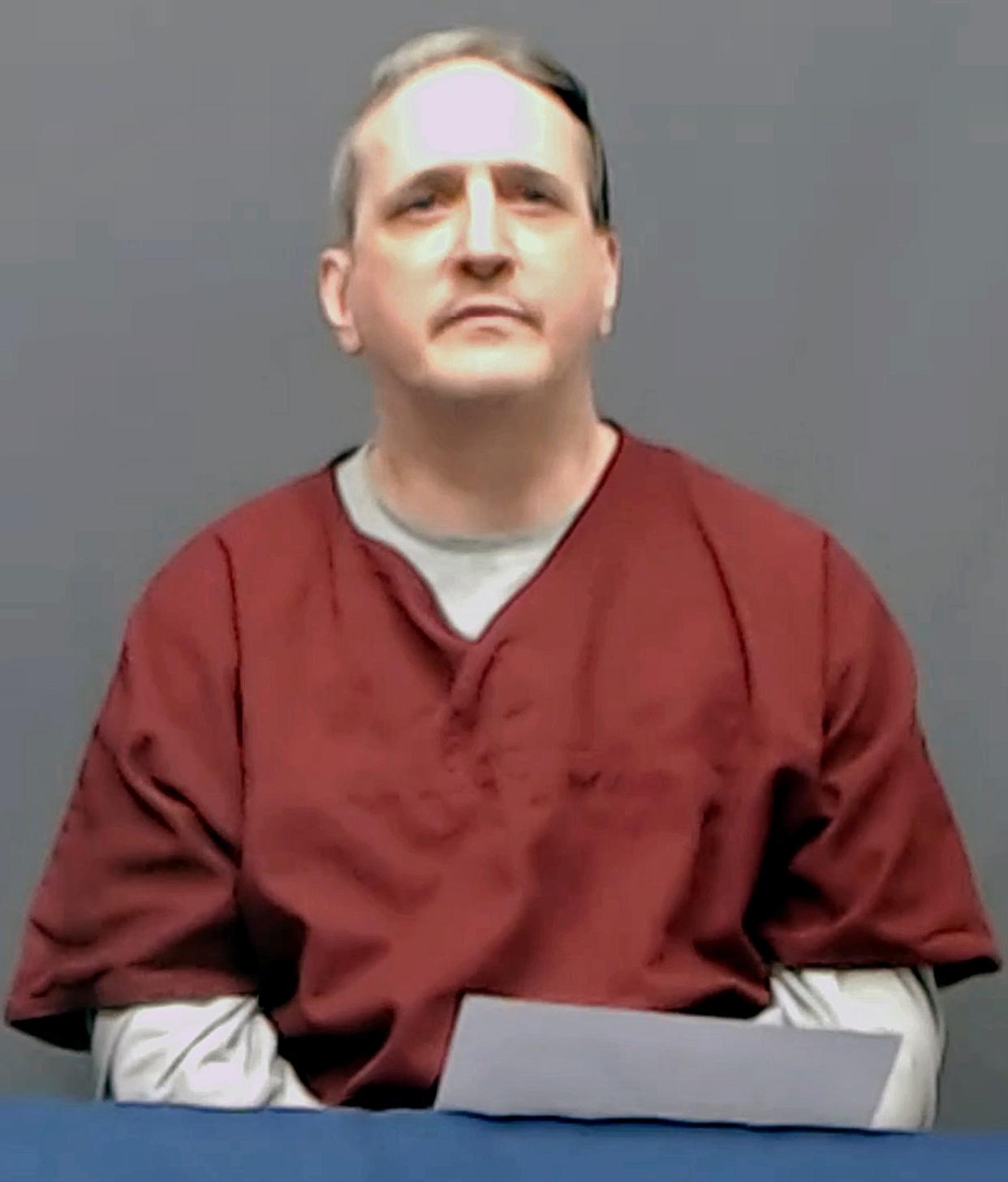 Death row inmate Richard Glossip speaks via video to the Oklahoma Pardon and Parole Board during his clemency hearing on April 26, 2023.
