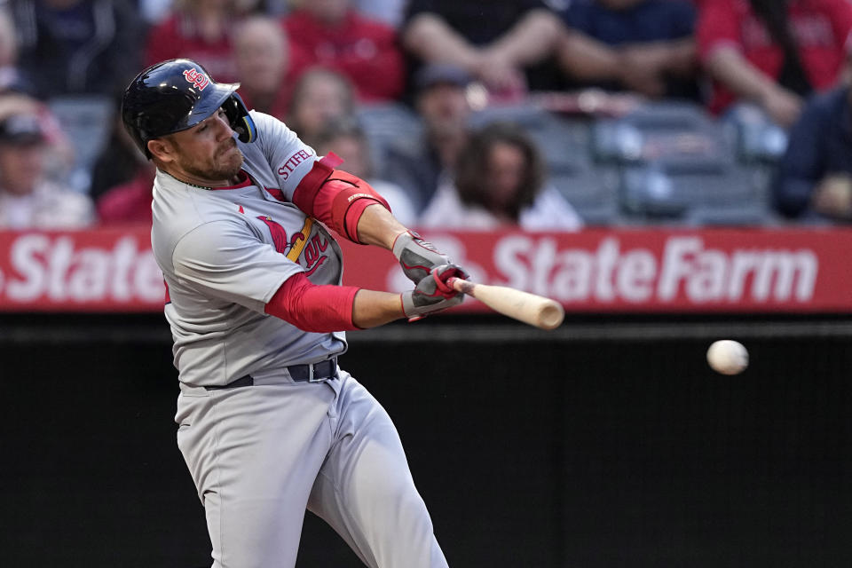 St. Louis Cardinals' Pedro Pages hits a three-run double during the third inning of a baseball game against the Los Angeles Angels Tuesday, May 14, 2024, in Anaheim, Calif. (AP Photo/Mark J. Terrill)