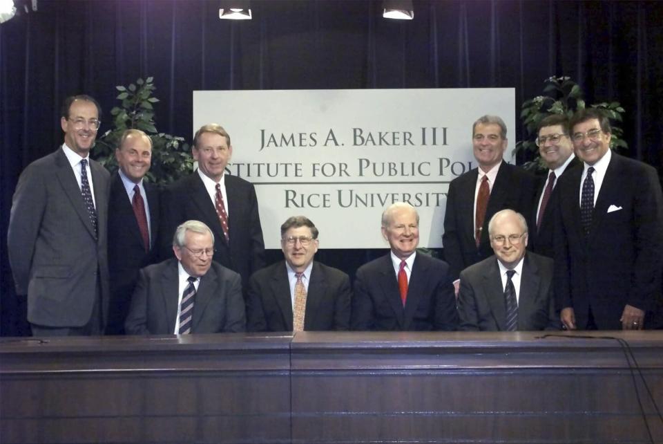 FIILE - Former White House chiefs of staff pose for photographers at the Ronald Reagan Building in Washington, June 15, 2000, during a forum entitled "Role of the White House Chief of Staff." Standing, from left are, Erskine Bowles, Mack McLarty, Samuel Skinner, Jack Watson Jr., Kenneth Duberstein and Leon Panetta. Seated, from left are, Howard Baker, John Sununu, James A. Baker III, and Richard Cheney. (AP Photo/Hillery Smith Garrison, File)