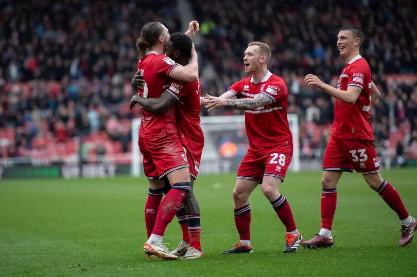 Emmanuel Latte Lath of Middlesbrough is scoring and celebrating