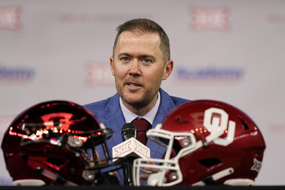 Oklahoma head football coach Lincoln Riley speaks from the stage during NCAA college football Big 12 media days Wednesday, July 14, 2021, in Arlington, Texas. (AP Photo/LM Otero)