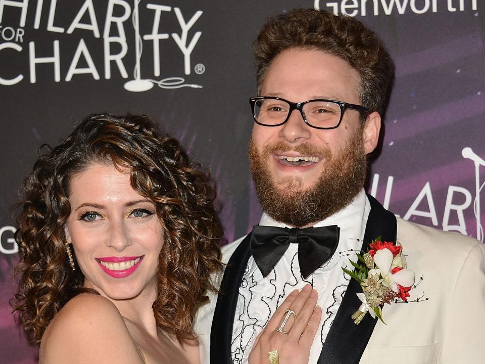 Seth Rogen (R) and wife Lauren Miller attend the 3rd Annual Hilarity for Charity Variety Show to benefit the Alzheimer's Association, presented by Genworth at Hollywood Palladium on October 17, 2014 in Hollywood, California.
