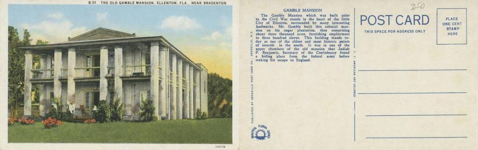 A 1920s postcard refers to Gamble Plantation as one of the “oldest and most historic points of interest in the South.” The card also states: “Major Gamble built this colonial mansion on his sugar plantation, then comprising about three thousand acres, furnishing employment to three hundred slaves,” an example of revisionist language used in the Jim Crow era to glorify slave owners and downplay the contributions of the enslaved. Historical research suggests that Gamble Plantation was built almost entirely by highly skilled Black laborers enslaved by Robert Gamble.