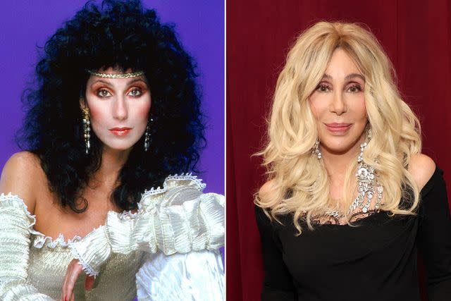 <p>Harry Langdon/Getty; Kevin Mazur/Getty</p> Cher in 1981 and in 2024