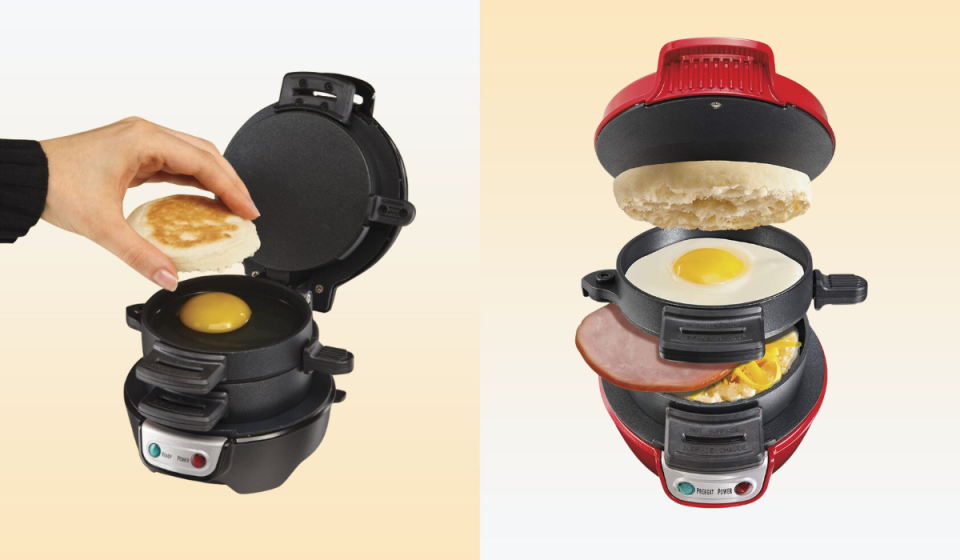 someone using the breakfast sandwich maker / the red breakfast sandwich maker holding each sandwich component in its trays