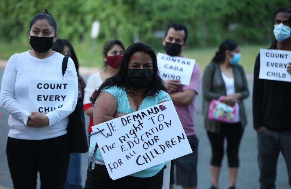 Latino parents and their supporters rally at the East Ramapo school district offices in Spring Valley May 25, 2021.