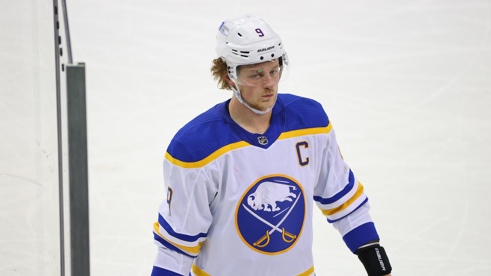 NEWARK, NJ - FEBRUARY 20:  Buffalo Sabres center Jack Eichel (9) at the bench during the National Hockey League game between the New Jersey Devils and the Buffalo Sabres on February 20, 2021 at the Prudential Center in Newark, NJ.  (Photo by Rich Graessle/Icon Sportswire via Getty Images)