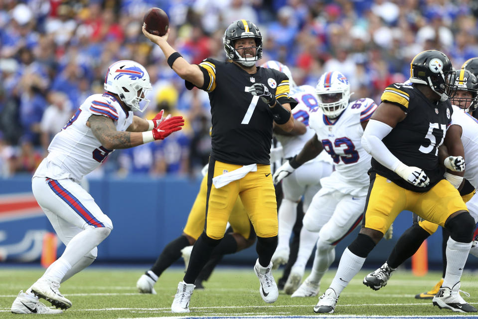 Pittsburgh Steelers quarterback Ben Roethlisberger (7) throws a pass during the second half of an NFL football game against the Buffalo Bills in Orchard Park, N.Y., Sunday, Sept. 12, 2021. (AP Photo/Joshua Bessex)