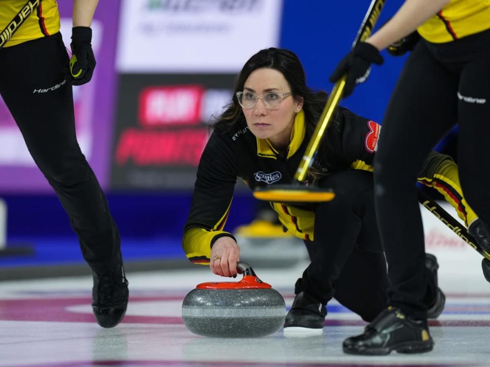 It was announced on Monday that former New Brunswick skip Andrea Kelly, seen above at the 2023 Scotties Tournament of Hearts, would be joining Team McCarville. (Darryl Dyck/The Canadian Press - image credit)